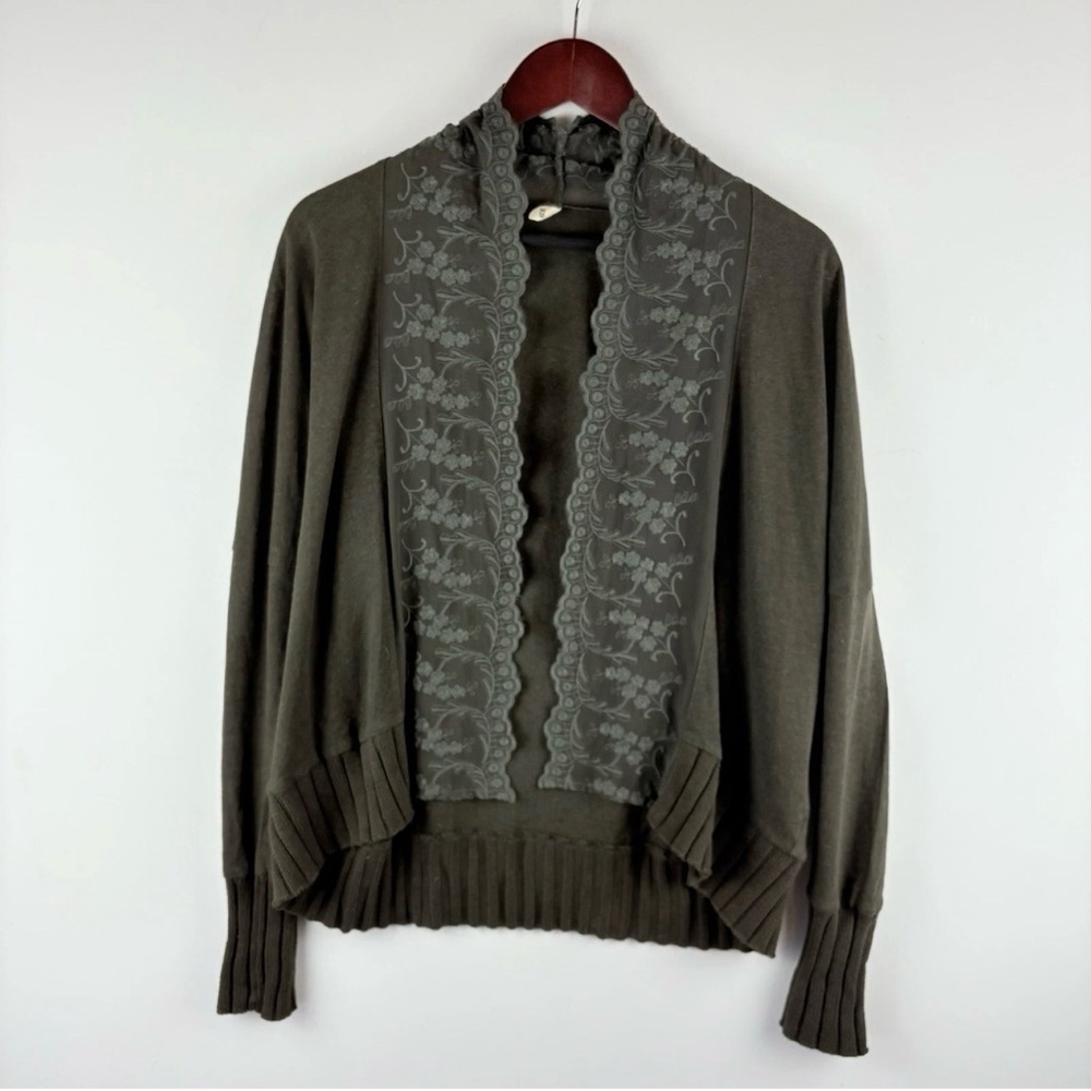 Anthropologie TINY Rosalie Open Cardigan Sweater Embroidered Lace Green Boho XS